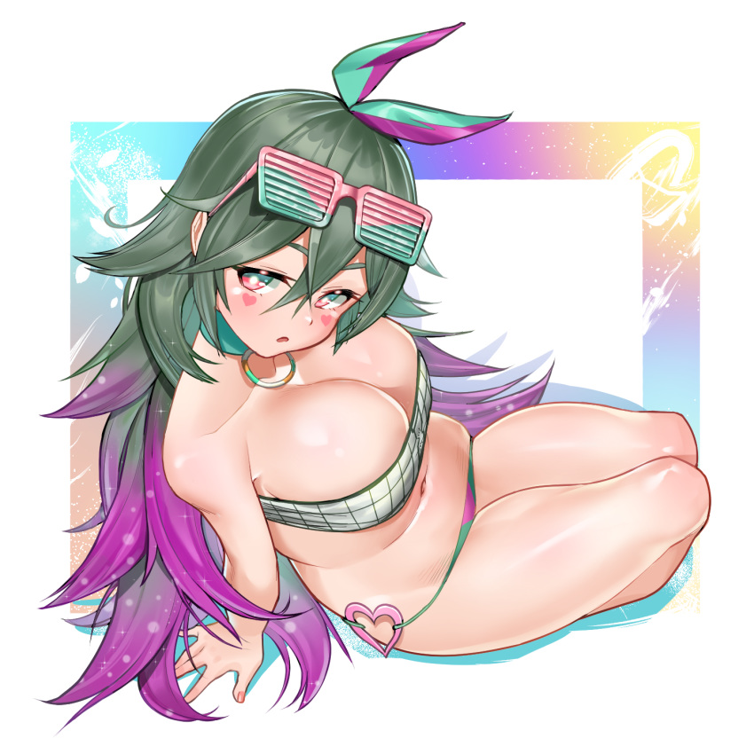arm_support bare_shoulders bikini blush bow breasts cetme_ameli_(girls_frontline) cleavage collarbone commentary_request eyebrows_visible_through_hair eyewear_on_head facial_mark from_above girls_frontline gradient_eyes gradient_hair green_hair hair_between_eyes hair_bow hair_ornament hair_ribbon hairclip head_tilt highres korean_commentary large_breasts long_hair looking_at_viewer multicolored multicolored_eyes multicolored_hair nail_polish navel o-ring o-ring_bikini off_shoulder partial_commentary pink_eyes pink_hair red_eyes ribbon shiny shiny_skin skindentation solo stomach swimsuit thick_thighs thighs uleuleuleu wide_hips