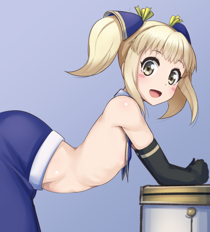 alfort_(may0508) arched_back bent_over black_gloves blonde_hair blue_background blush commentary dudou flat_chest from_side gloves green_eyes hair_ribbon hairpods highres looking_at_viewer midriff mika_(under_night_in-birth) no_bra open_mouth pants ribbon short_twintails smile solo twintails under_night_in-birth