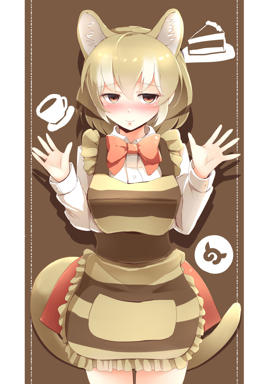 absurdres apron blonde_hair blush bow bowtie brown_background brown_eyes collared_shirt commentary cowboy_shot empty_eyes extra_ears eyebrows_visible_through_hair hair_between_eyes hands_up highres japari_symbol kanzakietc kemono_friends long_sleeves looking_at_viewer multicolored_hair shirt simple_background smile solo striped_apron thylacine_(kemono_friends) thylacine_ears thylacine_tail white_hair white_shirt