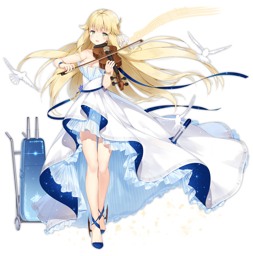 alternate_costume aurora_(f10)_(azur_lane) azur_lane bangs bare_legs bare_shoulders bird blonde_hair blue_footwear bracelet braid breasts cart cleavage dress full_body green_eyes hair_between_eyes hair_flaps hair_ornament highres instrument jewelry large_breasts long_hair looking_at_viewer maya_g missile musical_note musical_note_print official_art open_mouth seagull smile solo standing transparent_background very_long_hair violin violin_bow violin_case