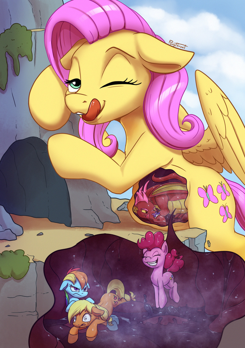 2018 applejack_(mlp) cutie_mark dragon earth_pony equine eyes_closed feathered_wings feathers female feral fluttershy_(mlp) friendship_is_magic group hi_res horse internal licking licking_lips macro mammal my_little_pony one_eye_closed outside pegasus pinkie_pie_(mlp) pony ponythroat rainbow_dash_(mlp) tongue tongue_out vore voreception wings
