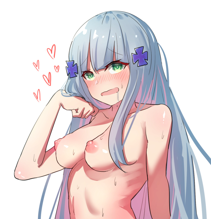 arched_back areolae bangs blunt_bangs blush breasts collarbone commentary drooling eyebrows_visible_through_hair eyes_visible_through_hair furrowed_eyebrows girls_frontline green_eyes grey_hair hair_ornament hand_up heart highres hk416_(girls_frontline) long_hair looking_at_viewer medium_breasts meow_nyang nipples nose_blush nude open_mouth perky_breasts ribs simple_background sketch_eyebrows solo sweat upper_body very_long_hair wavy_mouth white_background