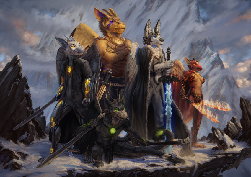 2018 4_toes 5_fingers ahamkara anthro armor black_fur blue_eyes bone breasts cholagan clothed clothing conditional_dnp crouching day detailed_background digital_media_(artwork) dragon feathered_dragon feathered_wings feathers female fire fur furred_dragon green_eyes green_fur grey_fur group holding_object holding_weapon horn ignito inner_ear_fluff latex_(artist) loincloth male melee_weapon mountaintop non-mammal_breasts outside purple_eyes red_fur roekar skimpy sky smile snow sword tan_fur toes unconvincing_armor weapon wings yellow_eyes