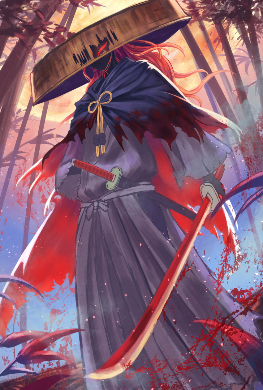 absurdres black_gloves black_kimono fate/grand_order fate_(series) floating_hair forest from_below gloves hat hayataku1234 highres holding holding_sword holding_weapon japanese_clothes katana kimono long_hair looking_at_viewer male_focus moon nature okada_izou_(fate) red_eyes red_hair sheath sheathed solo standing sun_hat sword weapon