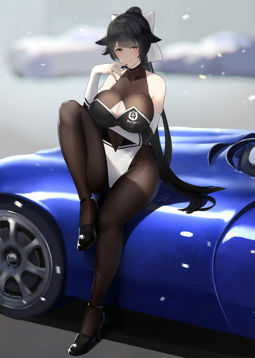 arm_under_breasts azur_lane bangs bare_shoulders black_footwear black_hair black_legwear black_nails blurry blurry_background blush bow breasts bridal_gauntlets brown_eyes car cleavage cleavage_cutout collarbone commentary_request finger_to_mouth groin ground_vehicle hair_bow hand_up hayabusa head_tilt highres impossible_clothes knee_up large_breasts leaning_against_vehicle leg_up leotard logo long_hair looking_at_viewer motor_vehicle nail_polish navel_cutout on_vehicle pantyhose ponytail race_queen see-through sidelocks sitting skindentation solo takao_(azur_lane) very_long_hair white_bow white_leotard yellow_eyes