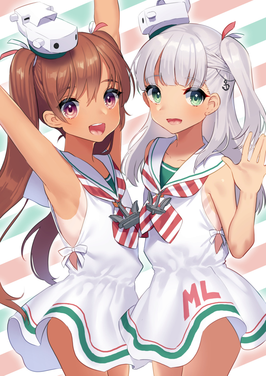 :d anchor arms_up blush brown_eyes brown_hair collarbone commentary_request dress fang green_eyes hair_ribbon headgear highres kantai_collection libeccio_(kantai_collection) long_hair looking_at_viewer maestrale_(kantai_collection) mizuki_eiru_(akagi_kurage) multiple_girls open_mouth ribbon sailor_collar sailor_dress silver_hair sleeveless sleeveless_dress smile striped striped_neckwear tan twintails white_dress