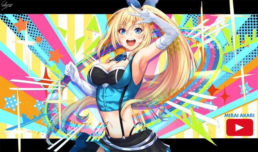 :d arm_up armpits artist_name black_ribbon black_skirt blonde_hair blue_eyes blue_flower breasts character_name choker cleavage commentary_request cowboy_shot elbow_gloves eyebrows_visible_through_hair floating_hair flower gloves hair_between_eyes highres letterboxed long_hair medium_breasts midriff miniskirt mirai_akari mirai_akari_project navel neck_ribbon open_mouth outside_border pleated_skirt ribbon sakiyamama side_ponytail signature skirt smile solo sparkle standing stomach suspender_skirt suspenders very_long_hair virtual_youtuber w white_gloves youtube