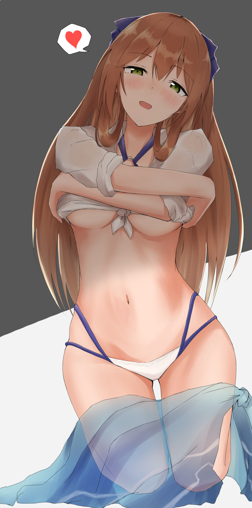 absurdres alternate_costume bangs bikini blue_ribbon blush breasts brown_hair collarbone commentary_request eyebrows_visible_through_hair girls_frontline green_eyes hair_between_eyes hair_ribbon hair_rings half-closed_eyes head_tilt heart highres huge_filesize incredibly_absurdres large_breasts lifted_by_self long_hair looking_at_viewer m1903_springfield_(girls_frontline) natsuki_(mclarenmiz) navel o-ring o-ring_top open_mouth ribbon sarong see-through shirt shirt_lift sidelocks simple_background smile solo spoken_heart stomach swimsuit thighs tied_shirt underboob undressing white_bikini white_shirt