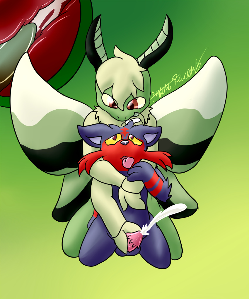 anthro arthropod azuraracon brown_eyes cum cum_in_ass cum_inside green_background green_skin insect litten male male/male moth nintendo olive_(character) orgasm penis pok&eacute;mon pok&eacute;mon_(species) purple_nose red_eyes simple_background tongue tongue_out video_games