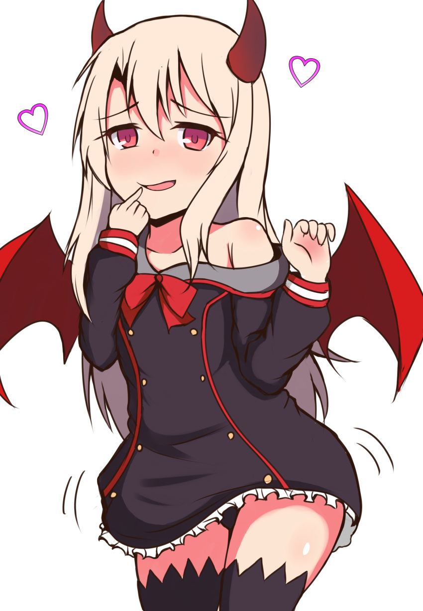 absurdres bangs bare_shoulders black_dress black_legwear black_panties blonde_hair blush body_blush bow bowtie commentary_request cosplay demon_girl demon_horns demon_wings double-breasted double_vertical_stripe dress eyebrows_visible_through_hair fate/kaleid_liner_prisma_illya fate_(series) finger_to_mouth frilled_dress frills furrowed_eyebrows gradient_horns grim_aloe grim_aloe_(cosplay) hair_between_eyes hands_up heart highres horns illyasviel_von_einzbern long_hair long_sleeves low_wings mitchi nose_blush off_shoulder panties pantyshot pantyshot_(standing) parted_lips quiz_magic_academy quiz_magic_academy_the_world_evolve red_eyes red_horns red_neckwear red_wings simple_background smile solo standing thighhighs underwear very_long_hair white_background wings
