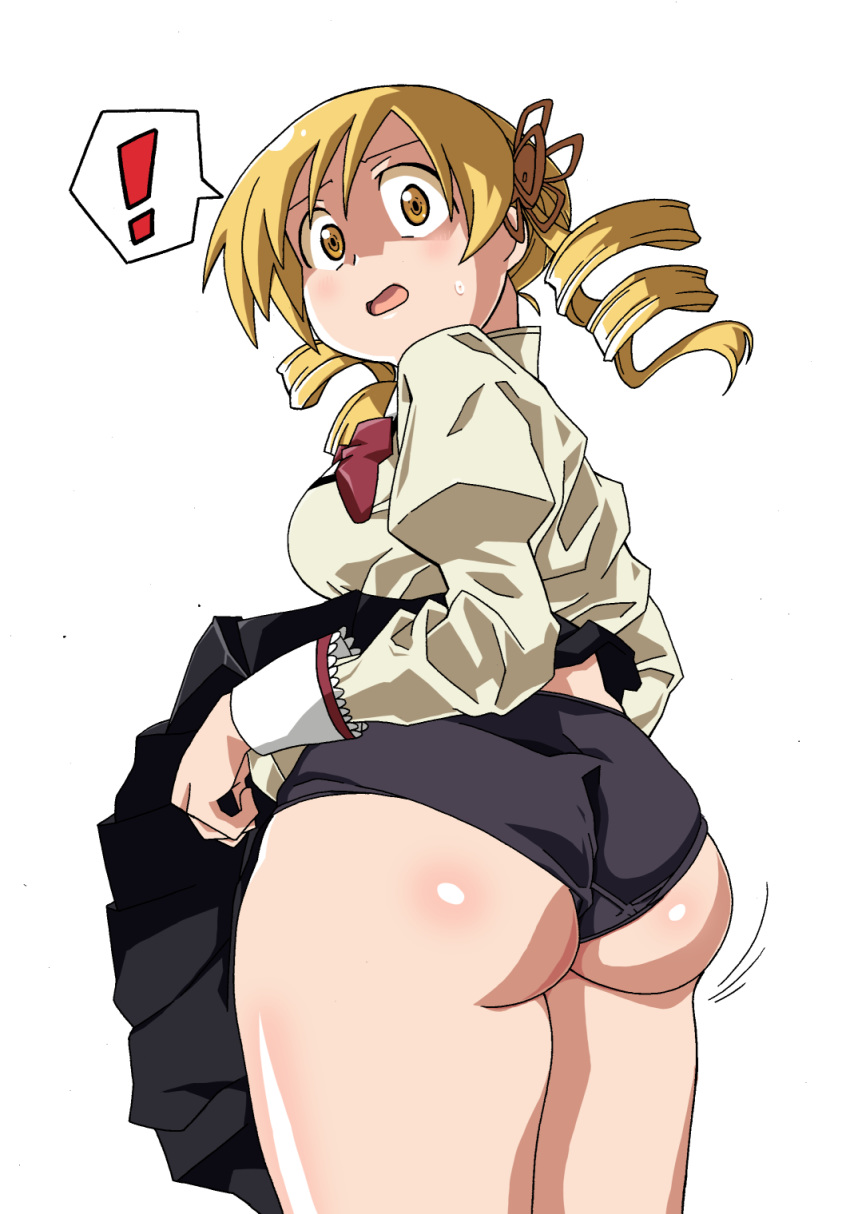 ! 1girl artist_request ass blonde_hair blush breasts drill_hair embarrassed from_behind from_below hair_ornament huge_ass jiggle large_breasts long_hair looking_at_viewer lookinng_down open_mouth panties puella_shoujo_madoka_magica school_uniform shaded_face shiny shiny_hair shiny_skin sideboob skirt skirt_lift smile solo sweatdrop tomoe_mami twin_drills underwear