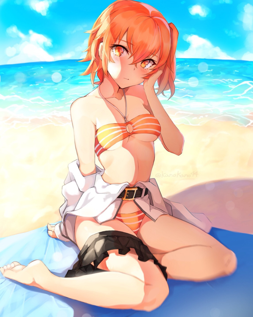 ahoge arm_support bare_shoulders beach bikini black_skirt blue_sky blush breasts brilliant_summer chaldea_uniform cleavage cloud cloudy_sky collarbone commentary_request contemporary day eyebrows_visible_through_hair fate/grand_order fate_(series) fujimaru_ritsuka_(female) full_body hair_between_eyes hair_ornament hair_scrunchie halterneck head_tilt highres horizontal_stripes jacket kano_(kanokano44) looking_at_viewer medium_breasts midriff navel ocean off_shoulder one_side_up orange_bikini orange_eyes orange_hair outdoors scrunchie short_hair side_ponytail skirt skirt_around_one_leg sky solo stomach striped sunlight swimsuit towel water white_jacket yellow_scrunchie