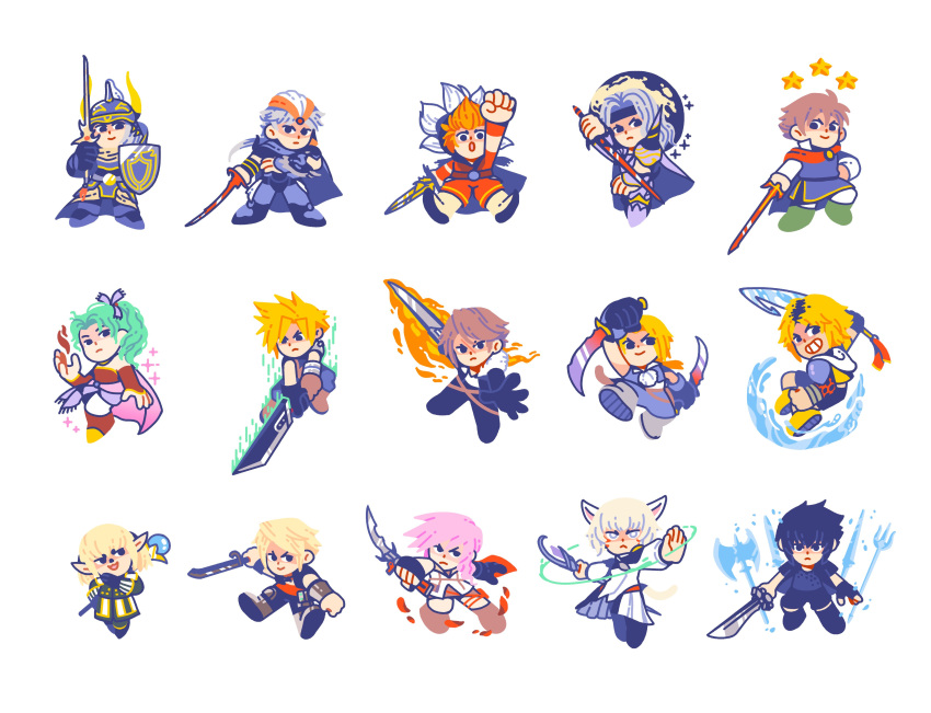 6+boys absurdres animal_ears armor axe black_hair blonde_hair brown_hair butz_klauser byronb cape cat_ears cat_tail cecil_harvey chibi cloud_strife commentary dagger detached_sleeves dual_wielding english_commentary final_fantasy final_fantasy_i final_fantasy_ii final_fantasy_iii final_fantasy_iv final_fantasy_ix final_fantasy_v final_fantasy_vi final_fantasy_vii final_fantasy_viii final_fantasy_x final_fantasy_xi final_fantasy_xii final_fantasy_xiii final_fantasy_xiv final_fantasy_xv fire frioniel frown gloves greatsword gunblade headband helmet highres holding jacket lightning_farron looking_at_viewer multiple_boys multiple_girls noctis_lucis_caelum onion_knight pantyhose pink_hair polearm serious shantotto shield silver_hair smile spiked_hair squall_leonhart staff sword tail tidus tina_branford trident vaan warrior_of_light weapon y'shtola_rhul zidane_tribal