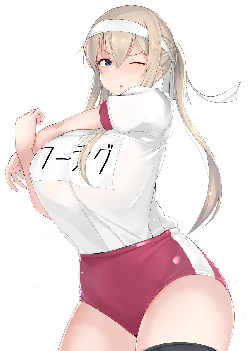 absurdres alternate_breast_size alternate_costume bangs black_legwear blonde_hair blue_eyes blush breasts buruma cleavage commentary_request contemporary cowboy_shot eyebrows_visible_through_hair graf_zeppelin_(kantai_collection) gym_shirt gym_uniform hair_between_eyes hair_over_shoulder headband highres huge_breasts kantai_collection long_hair looking_at_viewer maruya1006 name_tag one_eye_closed open_mouth red_buruma shirt short_sleeves simple_background solo stretch thighhighs thighs twintails white_shirt