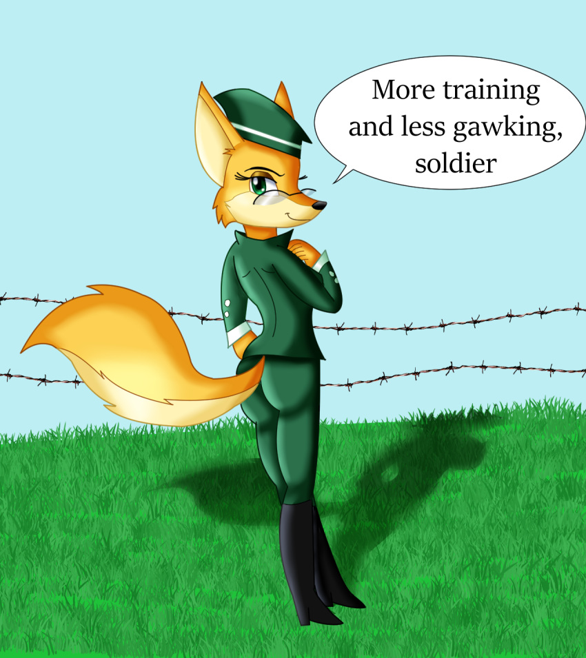2018 anthro butt canine clothed clothing dialogue digital_media_(artwork) english_text eyewear female fox glasses hat kendratheshinyeevee looking_at_viewer looking_back lt._fox_vixen mammal military_uniform sek_studios smile solo speech_bubble squirrel_and_hedgehog text uniform