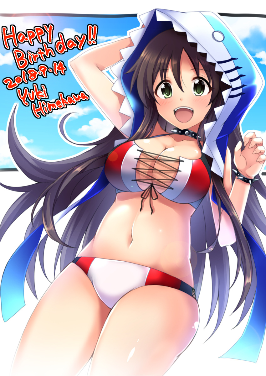 :d animal_hood arm_up bangs bikini black_choker black_ribbon blue_sky blush bracelet breasts brown_hair character_name choker cleavage cloud commentary_request cowboy_shot cross-laced_clothes day eyebrows_visible_through_hair fangs fingernails front-tie_bikini front-tie_top green_eyes hair_between_eyes happy_birthday highres himekawa_yuki hood hood_up idolmaster idolmaster_cinderella_girls jewelry large_breasts lens_flare looking_at_viewer navel open_mouth outdoors red_bikini ribbon shark_hood sky smile solo spiked_bracelet spiked_choker spikes stomach swimsuit thighs upper_teeth yunodon_(sugar_maple)