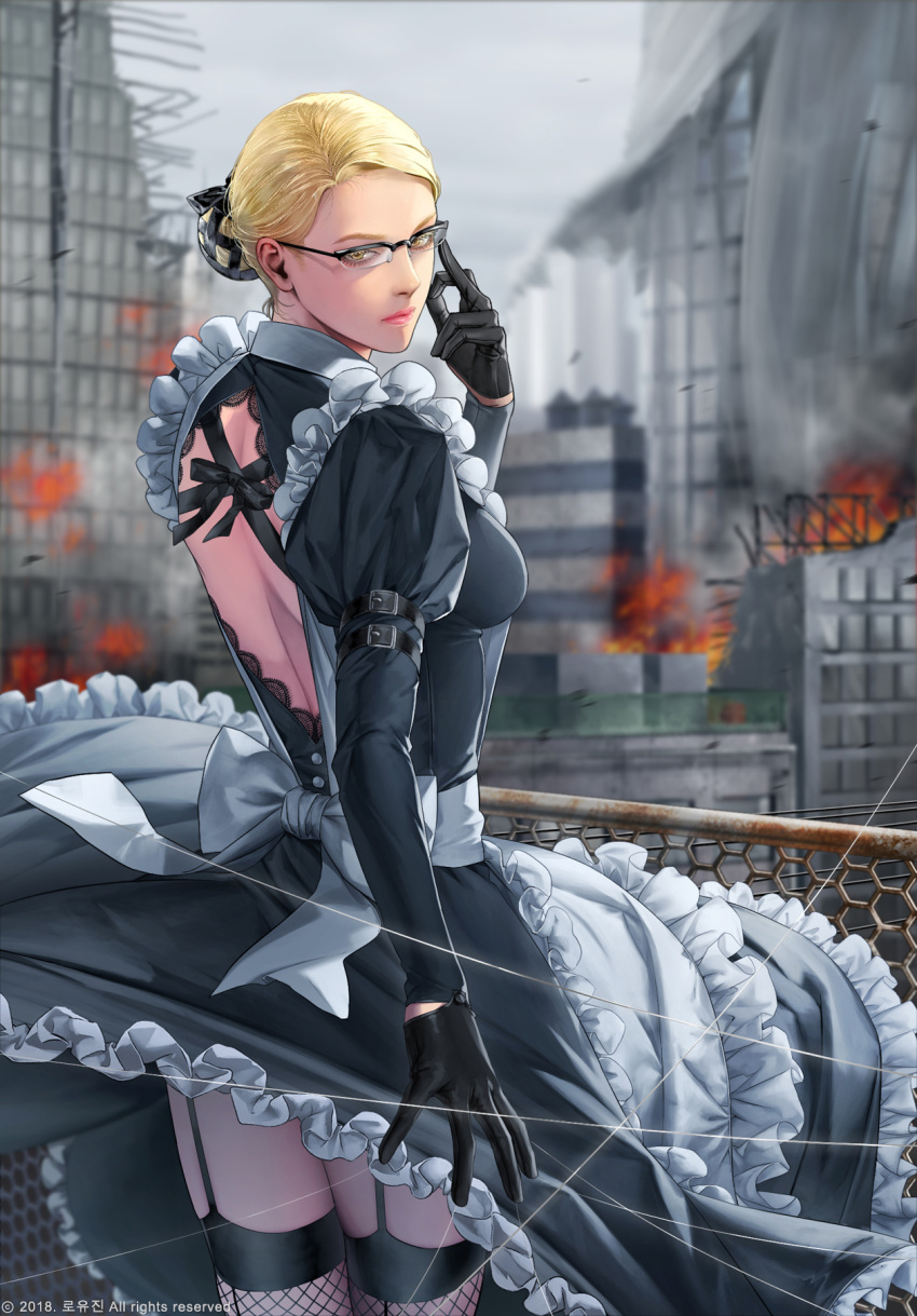 adjusting_eyewear apron arm_belt backless_outfit black-framed_eyewear black_dress black_gloves blonde_hair blurry blurry_background breasts building chain-link_fence character_request cowboy_shot dress fantasy fence fire fishnet_legwear fishnets frills garter_straps gloves hair_bun hand_up highres jdori looking_at_viewer maid maid_apron medium_breasts official_art short_hair solo tamsig-ui_jaelim the_second_coming_of_avarice thighhighs thread watermark