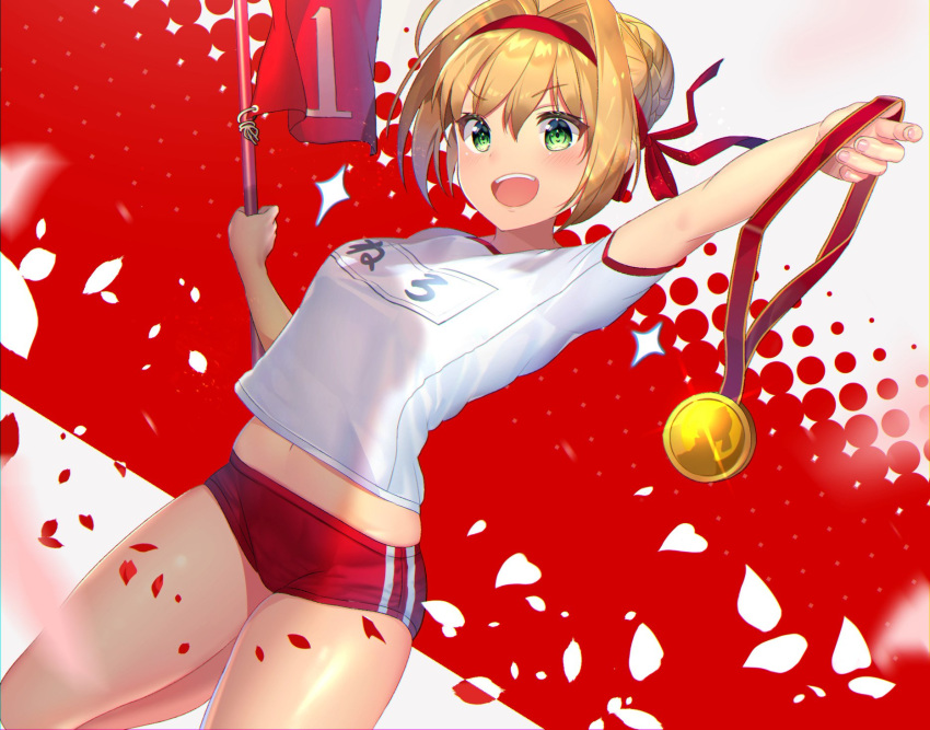 :d arm_up bangs blonde_hair blurry blush braid buruma character_name commentary_request depth_of_field dutch_angle eyebrows_visible_through_hair fate/grand_order fate_(series) fingernails flag french_braid glint green_eyes gym_uniform hair_between_eyes hair_bun hair_intakes hair_ribbon halftone halftone_background head_tilt highres holding leg_up looking_at_viewer medal midriff motion_blur name_tag nayuta_(una) nero_claudius_(fate) nero_claudius_(fate)_(all) number olympian_bloomers open_mouth outstretched_arm petals red_background red_buruma red_headband red_ribbon ribbon rose_petals shiny shiny_hair shiny_skin shirt short_hair short_sleeves sidelocks smile solo sparkle standing standing_on_one_leg upper_teeth white_background white_shirt