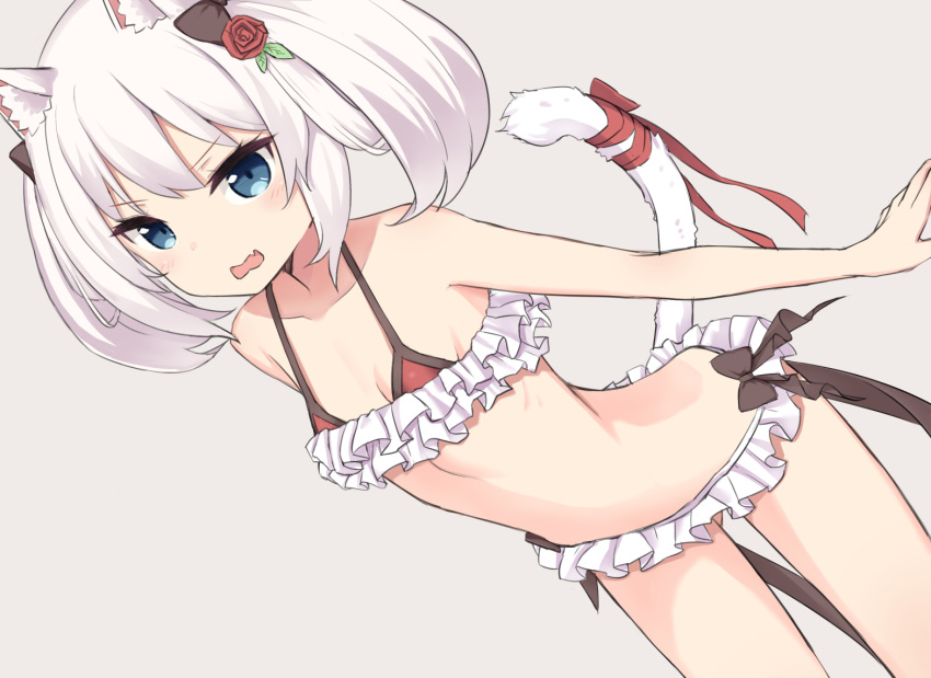 animal_ear_fluff animal_ears ass_visible_through_thighs azur_lane bangs bare_arms bare_shoulders bikini black_bow blue_eyes blush bow breasts brown_background cat_ears cat_girl cat_tail commentary coraman dutch_angle eyebrows_visible_through_hair fang frilled_bikini frills hammann_(azur_lane) leaning_forward open_mouth red_bikini_top red_ribbon ribbon silver_hair simple_background small_breasts solo swimsuit tail tail_raised tail_ribbon twintails v-shaped_eyebrows wavy_mouth