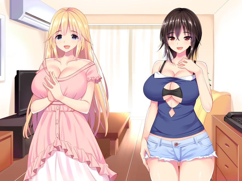 2girls ane_to_ane_ga_mainichi_ore_ni_h_wo_sematte_kuru bare_arms bare_shoulders black_hair blonde_hair blue_eyes breasts cleavage cleavage_cutout couch cowboy_shot curtains day dress floor hair_between_eyes hands_together happy highres huge_breasts indoors legs legs_together light long_hair looking_at_viewer maguro_coffee multiple_girls open_mouth original pink_dress red_eyes short_hair short_shorts shorts siblings sisters sleeveless smile standing television thigh_gap thighs