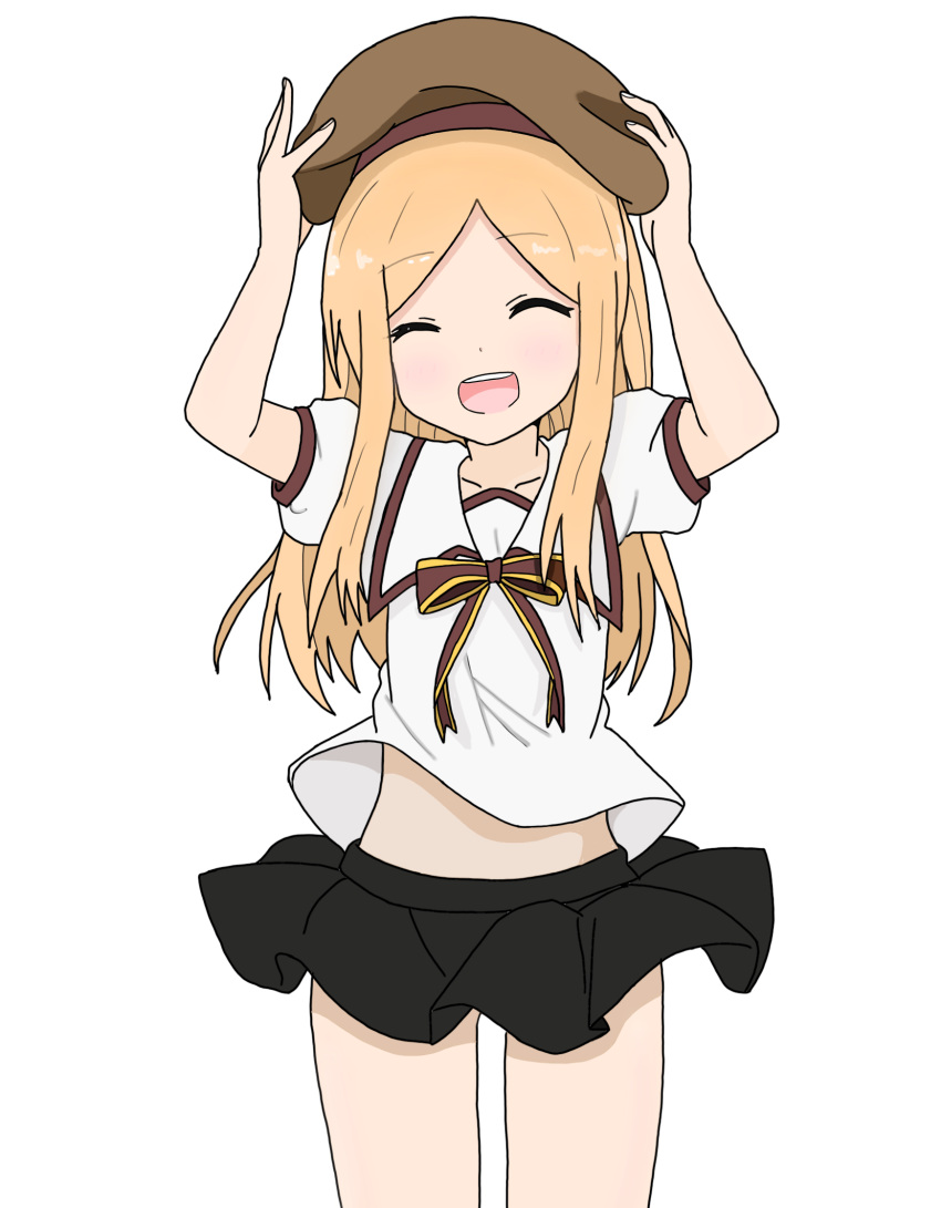 :d ^_^ abigail_williams_(fate/grand_order) arms_up ass_visible_through_thighs atsumisu bangs beret black_skirt blonde_hair blush bow brown_bow brown_hat closed_eyes collarbone commentary_request cosplay cowboy_shot eyebrows_visible_through_hair facing_viewer fate/grand_order fate/kaleid_liner_prisma_illya fate_(series) forehead hands_on_headwear hat highres homurahara_academy_uniform illyasviel_von_einzbern illyasviel_von_einzbern_(cosplay) long_hair open_mouth parted_bangs pleated_skirt puffy_short_sleeves puffy_sleeves school_uniform shirt short_sleeves simple_background skirt smile striped striped_bow upper_teeth very_long_hair white_background white_shirt wind wind_lift