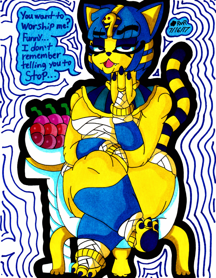 animal_crossing ankha_(animal_crossing) anklet annoyed anthro bandage bangle blue_eyes blue_hair bracelet breasts cat chair cherry claws clothed clothing dress egyptian eyeshadow fangs feline female food fruit fur hair headdress jewelry makeup mammal mummy_wrappings nintendo pawpads paws ring short_stack sitting skimpy slightly_chubby table thegrumpiestpanda_(artist) toe_ring traditional_media_(artwork) video_games voluptuous wide_hips wrappings yellow_fur
