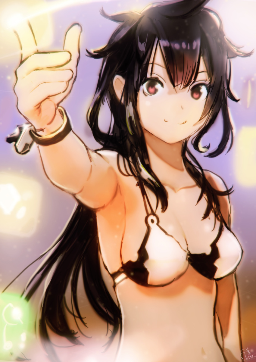 absurdres bangs bikini blurry blurry_background bracelet breasts glowing hair_between_eyes highres jewelry long_hair looking_at_viewer medium_breasts okuto original outstretched_arm pointing red_eyes smile swimsuit upper_body white_bikini