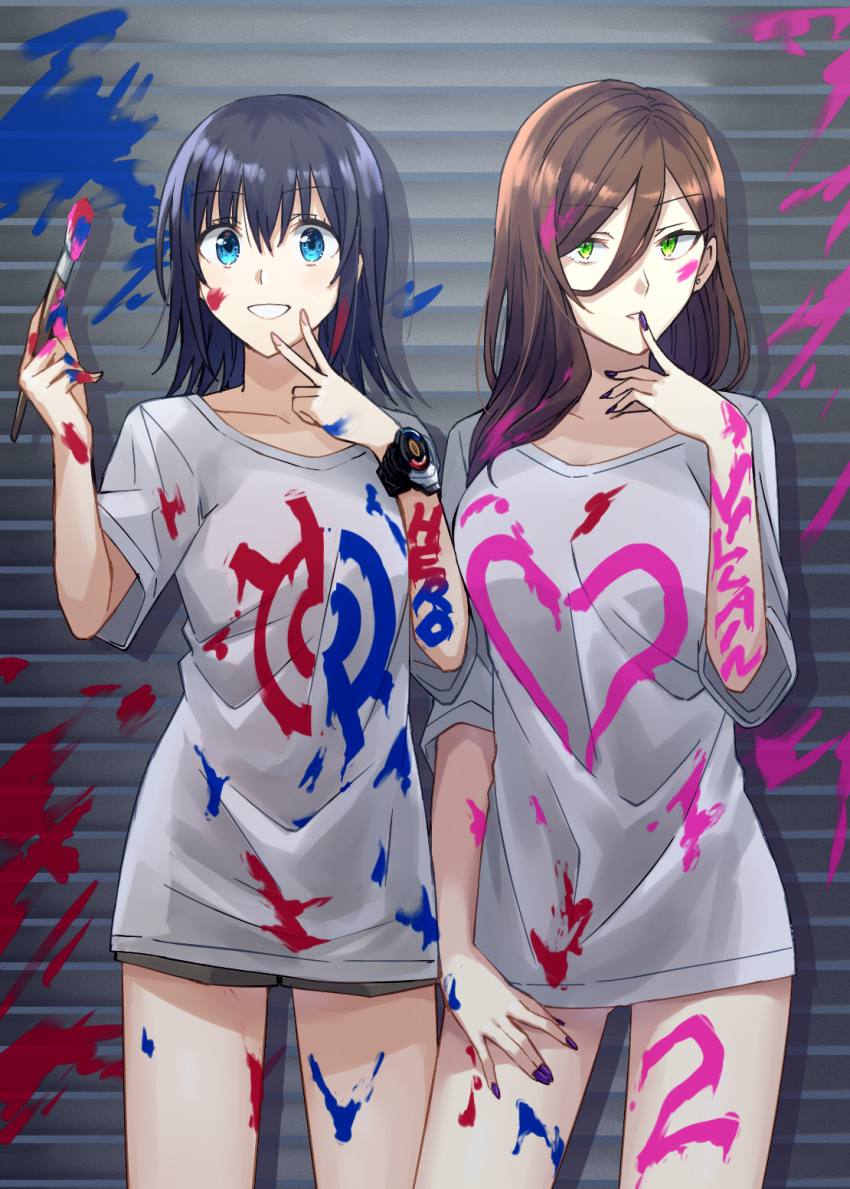 bangs black_hair blue_eyes breasts brown_hair commentary_request english eyebrows_visible_through_hair fingernails green_eyes grey_shirt grey_shorts hair_between_eyes hand_up hands_up heart highres holding holding_paintbrush long_hair multiple_girls nail_polish original paint_on_body paint_on_clothes paint_on_face paint_on_fingers paint_splatter paintbrush pink_nails purple_nails shirt short_shorts short_sleeves shorts small_breasts somechime_(sometime1209) standing watch wristwatch