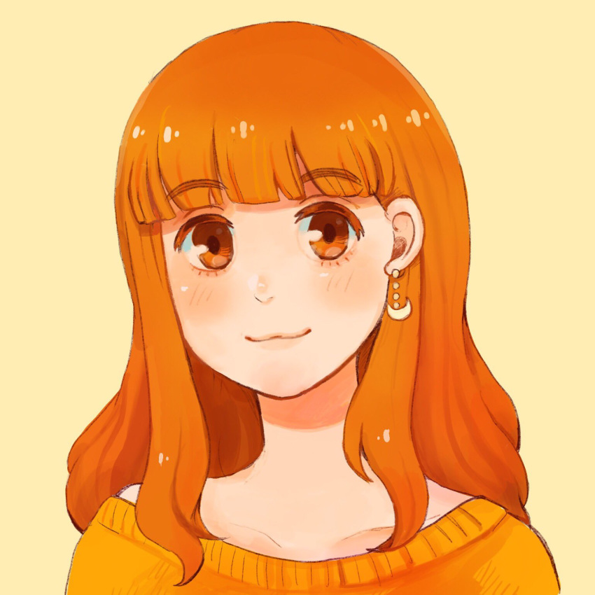 bangs blunt_bangs casual closed_mouth commentary crescent crescent_earrings earrings eyebrows_visible_through_hair girls_und_panzer highres jewelry long_hair looking_at_viewer orange_eyes orange_hair orange_sweater portrait smile solo sweater takapachi takebe_saori yellow_background