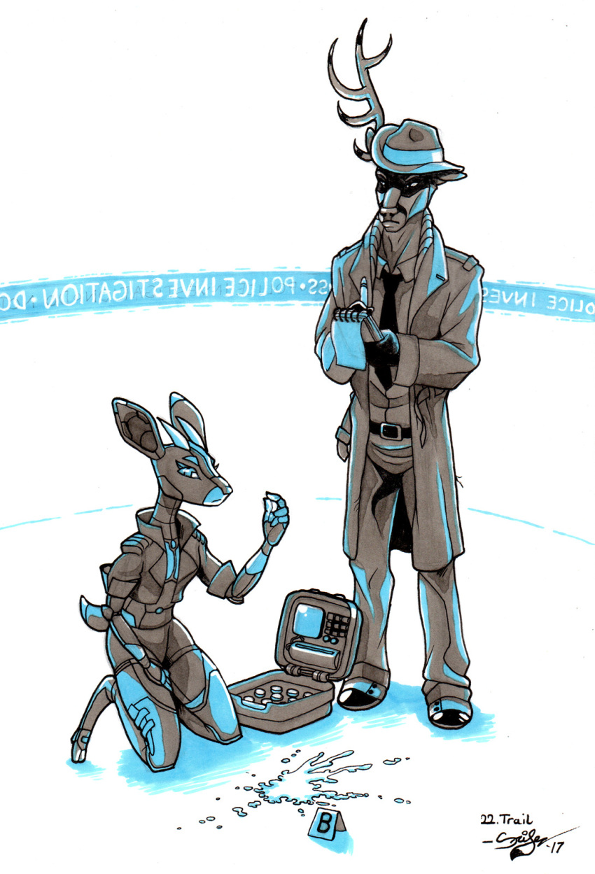 android antelope anthro belt big_ears box cervine clothed clothing coat detective duo female harton_crown hat horn jacket kneeling machine male mammal necktie notebook pen restricted_palette robot scifer simple_background standing ultra_(phlegraofmystery)