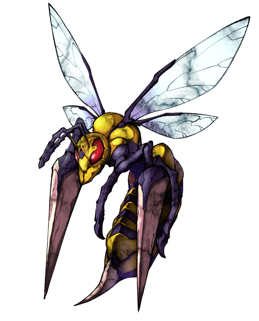 bee beedrill bug commentary_request flying fukurou_(owl222) full_body gen_1_pokemon highres insect mega_beedrill mega_pokemon no_humans pokemon pokemon_(creature) simple_background solo white_background wings
