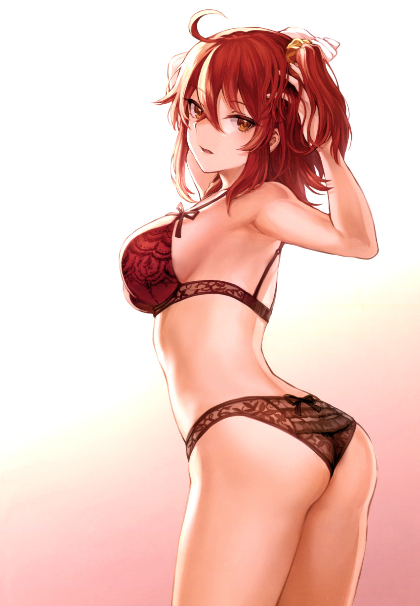 absurdres adjusting_hair ahoge arched_back armpits arms_up ass bare_shoulders black_panties blonde_hair bra breasts cowboy_shot eyebrows_visible_through_hair fate/grand_order fate_(series) fingernails from_behind fujimaru_ritsuka_(female) gradient gradient_background hair_between_eyes hair_ornament hair_scrunchie hand_in_hair highres lace lace_bra lace_panties looking_at_viewer looking_back mashu_003 medium_breasts open_mouth orange_hair panties parted_lips red_bra scan scrunchie solo underwear yellow_scrunchie