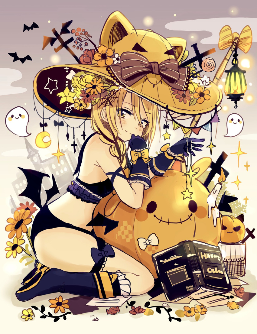 animal_ears animal_hat bangs black_bra black_panties blonde_hair blue_gloves blue_legwear blush book boots bow bra braid brown_bow candy cat_ears cat_hat closed_mouth cloud commentary elbow_gloves english_commentary eyebrows_visible_through_hair flower food frilled_bra frills ghost gloves hair_between_eyes hair_over_shoulder hands_up hat hat_bow hat_flower head_tilt highres jack-o'-lantern knee_boots lantern lollipop looking_at_viewer looking_to_the_side open_book orange_flower orange_hat original panties pumpkin_hat red_flower sakura_oriko side_braid sitting sky smile solo star striped striped_bow swirl_lollipop underwear wariza white_bow white_flower yellow_flower