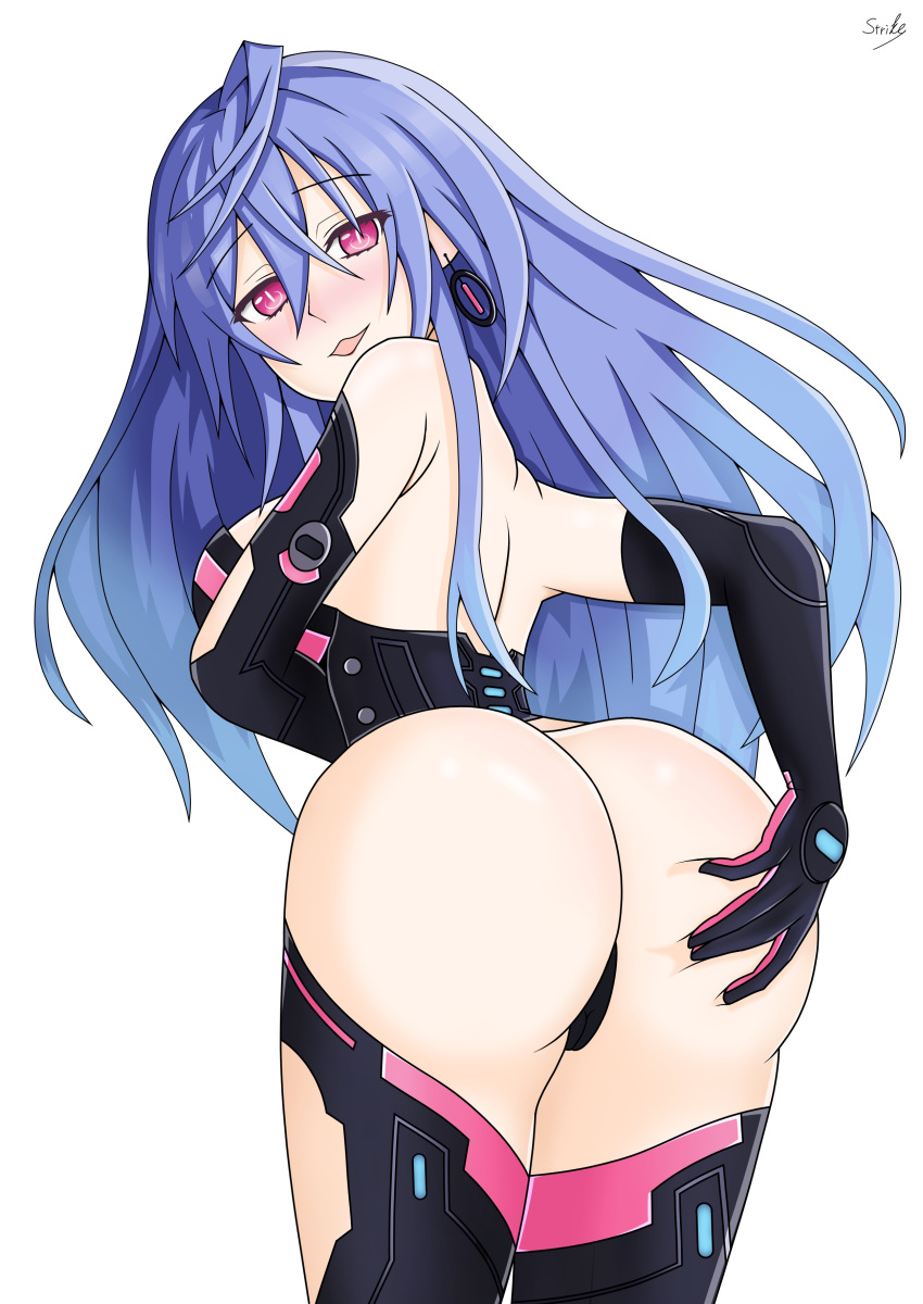 1girl artist_request ass ass_grab bare_shoulders blue_hair blush breasts choujigen_game_neptune come_hither compile_heart deep_skin elbow_gloves from_behind gloves huge_ass idea_factory iris_heart kami_jigen_game_neptune_v large_breasts leaning leaning_forward long_hair looking_at_viewer naughty_face neptune_(series) open_mouth purple_eyes pururut shiny shiny_hair shiny_skin sideboob smile solo thighhighs thong