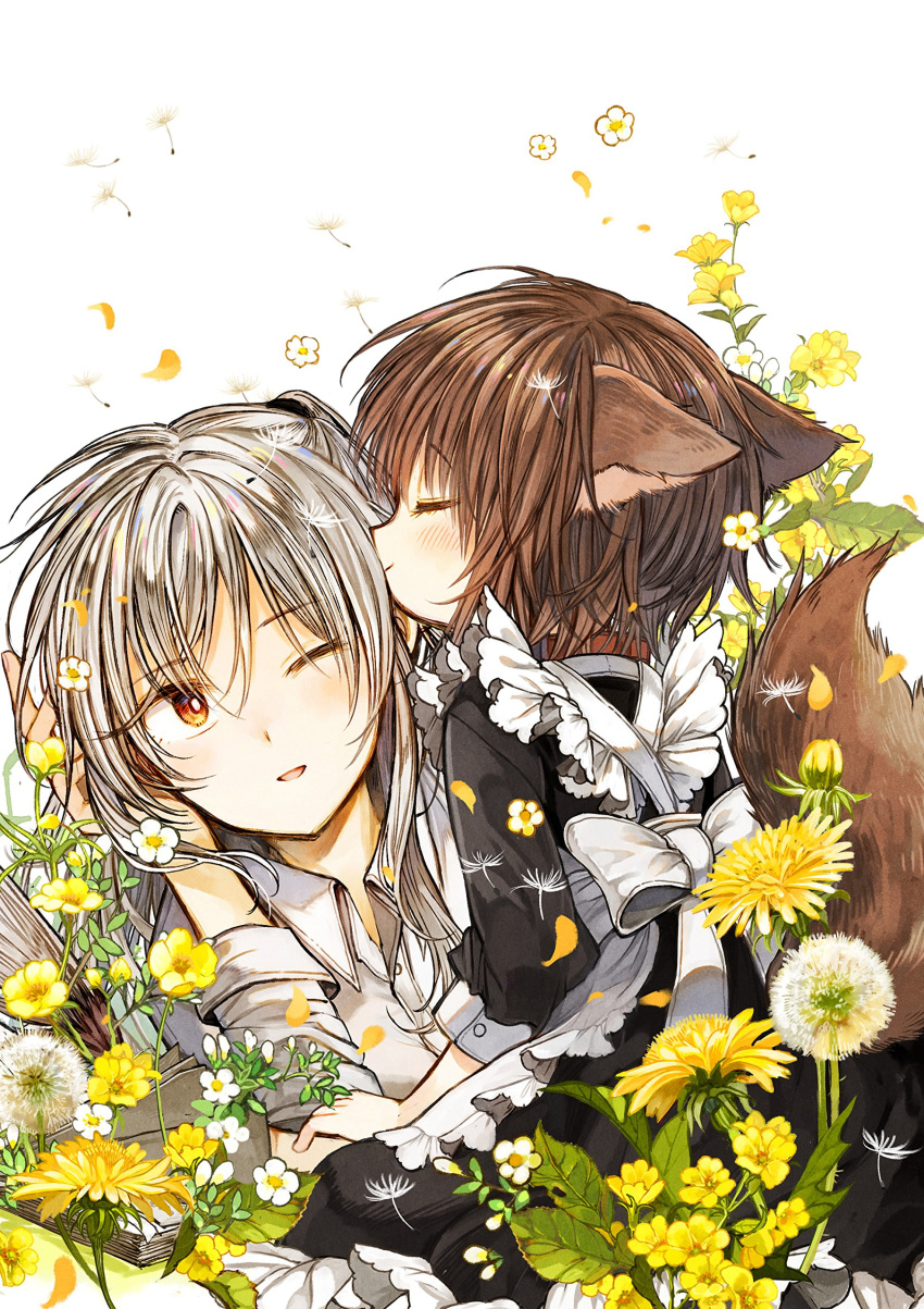;d absurdres age_difference animal_ears apron bangs black_hair blush brown_hair closed_eyes closed_mouth dandelion dandelion_seed eyebrows_visible_through_hair flower frilled_apron frills from_side goshujin-sama_to_kemonomimi_no_shoujo_meru head_kiss highres itou_hachi kiss long_hair long_sleeves looking_at_another maid maid_apron mel_(goshujin-sama_to_kemonomimi_no_shoujo_meru) multiple_girls official_art one_eye_closed open_mouth petals profile red_eyes shirt short_hair silver_hair smile tail white_apron white_background white_shirt wing_collar yellow_flower yuri