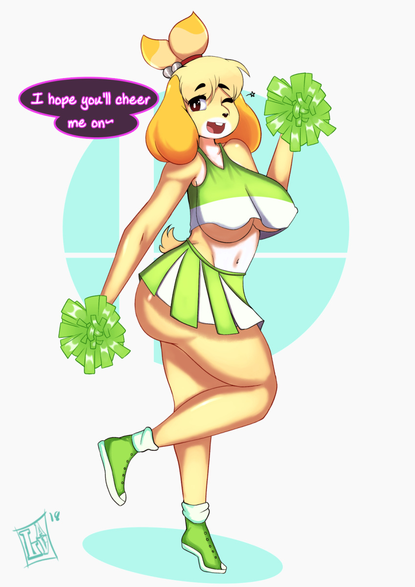 2018 animal_crossing anthro blonde_hair breasts butt canine cheerleader clothed clothing dialogue dog english_text female footwear hair hi_res isabelle_(animal_crossing) l-a-v_(artist) looking_at_viewer mammal navel nintendo one_eye_closed open_mouth pom_poms shih_tzu shoes solo text under_boob video_games wink