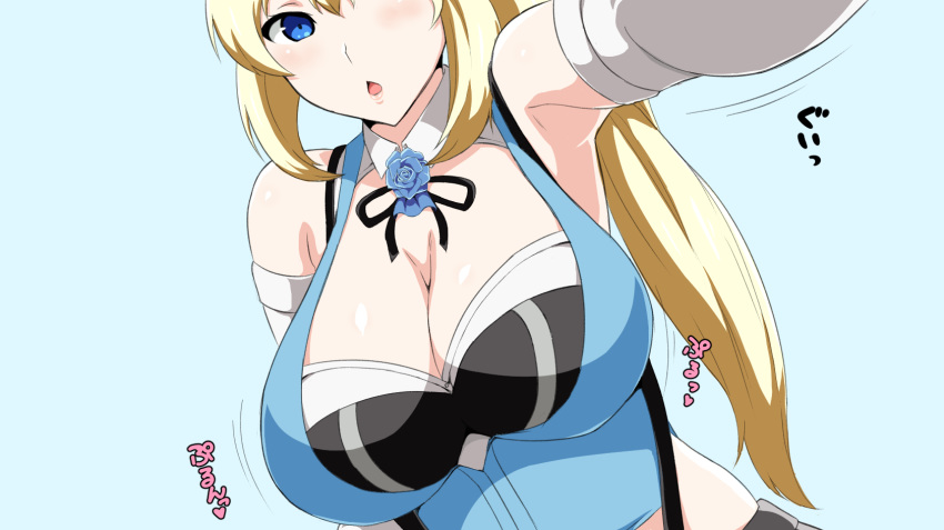 :o armpits bare_shoulders black_ribbon blonde_hair blue_eyes blue_flower blue_rose blush breasts cleavage collar commentary_request detached_collar dutch_angle elbow_gloves flower gloves highres large_breasts long_hair looking_at_viewer midriff mirai_akari mirai_akari_project open_mouth outstretched_arm reaching_out ribbon rose self_shot side_ponytail solo taking_picture tawashi1623 virtual_youtuber white_gloves