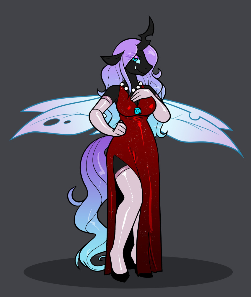 2018 anthro breasts changeling clothed clothing dress equine female fully_clothed hair horn jewelry latexia_art long_hair looking_at_viewer makeup mammal mane medium_breasts my_little_pony necklace simple_background smug solo solo_focus standing toony wings