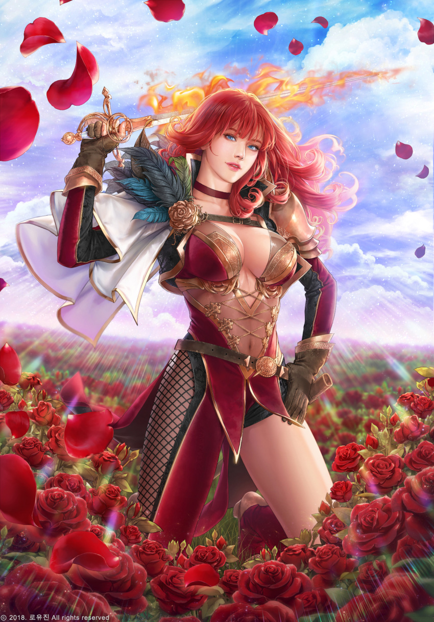 belt blue_eyes blue_sky breasts brown_gloves capelet choker cleavage covered_navel day fantasy feathers field fishnet_legwear fishnets flaming_sword flower flower_field gloves grass hand_on_hip highres holding holding_sword holding_weapon jdori kneeling large_breasts lipstick long_hair looking_at_viewer makeup navel official_art over_shoulder parted_lips petals red_choker red_hair red_lipstick rose see-through sheath shoulder_armor sky solo sunlight sword tamsig-ui_jaelim the_second_coming_of_avarice watermark weapon white_capelet
