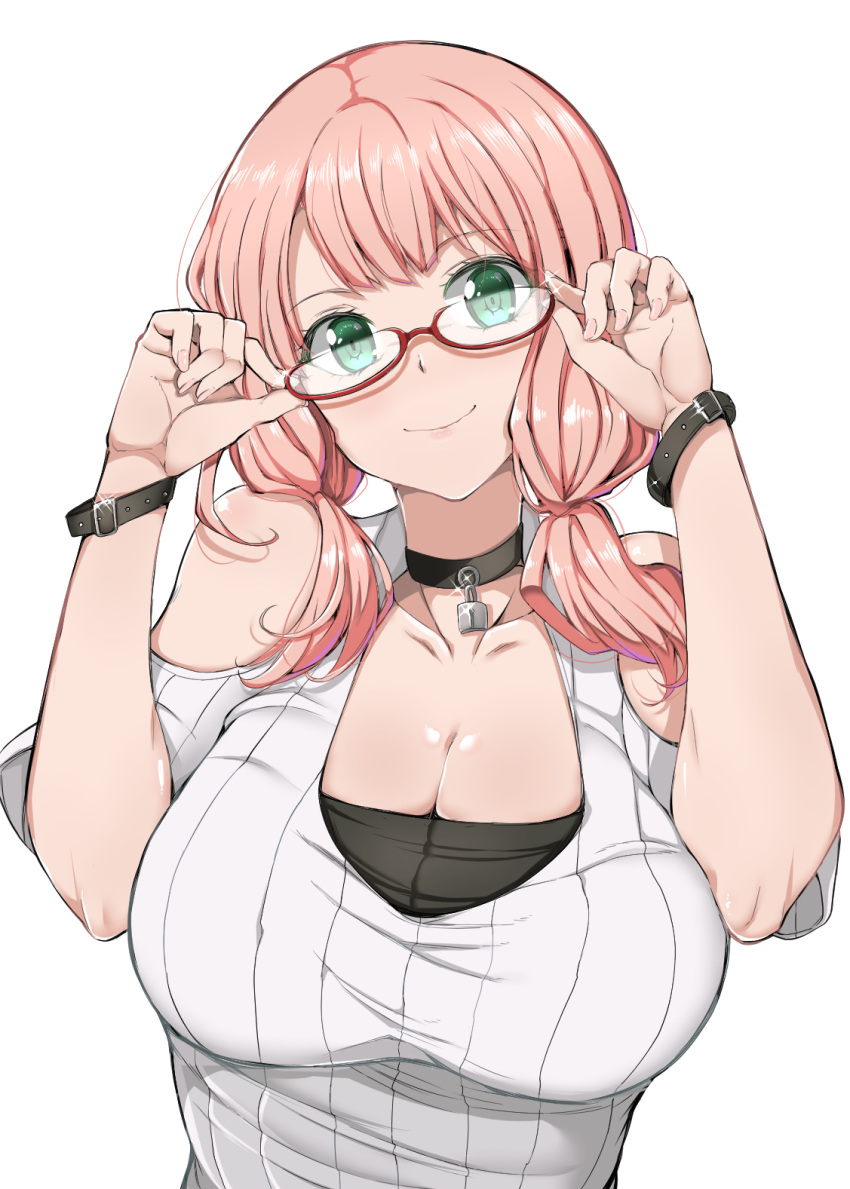 bang_dream! black_choker breasts choker cleavage closed_mouth collarbone commentary_request fingernails glasses green_eyes highres large_breasts looking_at_viewer pink_hair red-framed_eyewear rihitozoire semi-rimless_eyewear short_hair short_twintails simple_background smile solo twintails uehara_himari under-rim_eyewear upper_body white_background