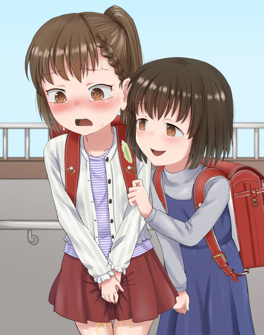 2girls backpack bag between_legs blue_dress blue_shirt blue_sky blush braid brown_eyes brown_hair collarbone cowboy_shot day dress embarrassed eyebrows_visible_through_hair feather female grey_shirt hand_between_legs hand_up hands_together have_to_pee highres holding jacket long_sleeves multiple_girls nannyou_dojin nose_blush open_mouth original outdoors peeing peeing_self pleated_skirt red_skirt shiny shiny_hair shirt side_ponytail skirt sky sleeveless sleeveless_dress smile standing striped striped_shirt sweat tears teeth tied_hair v_arms white_jacket