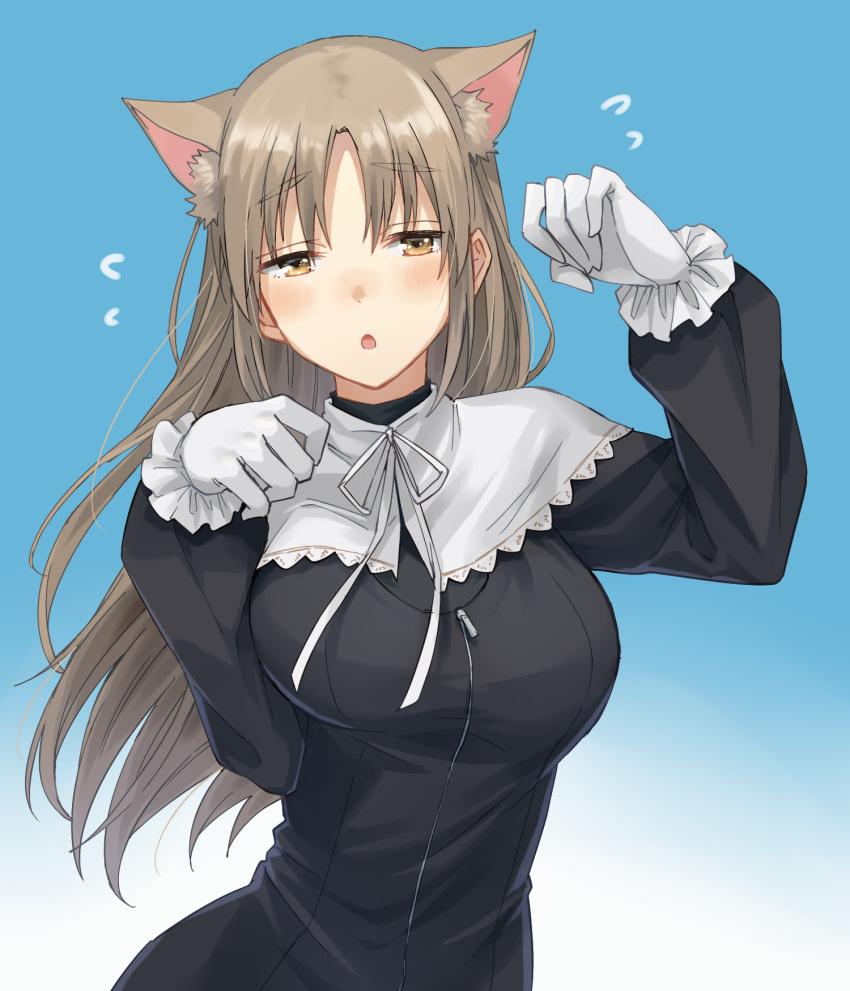 :o animal_ear_fluff animal_ears arm_up bangs black_dress blue_background breasts brown_eyes cat_ears dress eyebrows_visible_through_hair flying_sweatdrops gloves gradient gradient_background habit hair_between_eyes hand_up head_tilt highres kemonomimi_mode large_breasts light_brown_hair long_hair long_sleeves neck_ribbon nijisanji no_hat no_headwear parted_lips paw_pose ribbon sister_cleaire solo somechime_(sometime1209) very_long_hair virtual_youtuber white_background white_gloves white_ribbon
