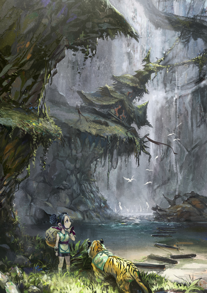 backpack bag bayashiko bird black_eyes black_hair commentary_request day double_bun grass highres nature original outdoors pagoda river ruins scenery standing tiger watch water waterfall wristwatch