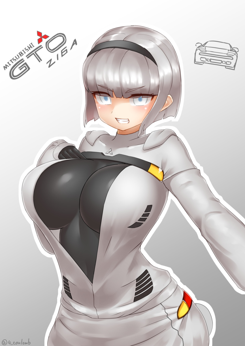 blue_eyes bodysuit breasts car cleavage commentary_request gloves grey_hair ground_vehicle highres large_breasts mitsubishi_motors motor_vehicle open_mouth original personification short_hair smile solo yonkuron
