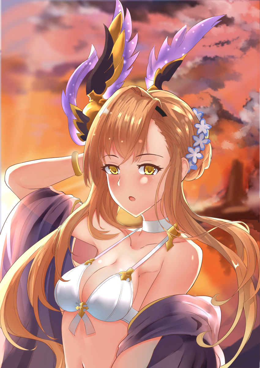 absurdres arm_behind_head arm_up backlighting bangs bare_shoulders bikini blush bracelet braid breasts brown_eyes brown_hair choker cleavage collarbone commentary flower french_braid granblue_fantasy hair_flower hair_ornament hairband head_wings highres hzhc jewelry long_hair looking_at_viewer medium_breasts navel open_mouth orange_hair sash sidelocks solo song_(granblue_fantasy) sunlight sunset swimsuit white_bikini