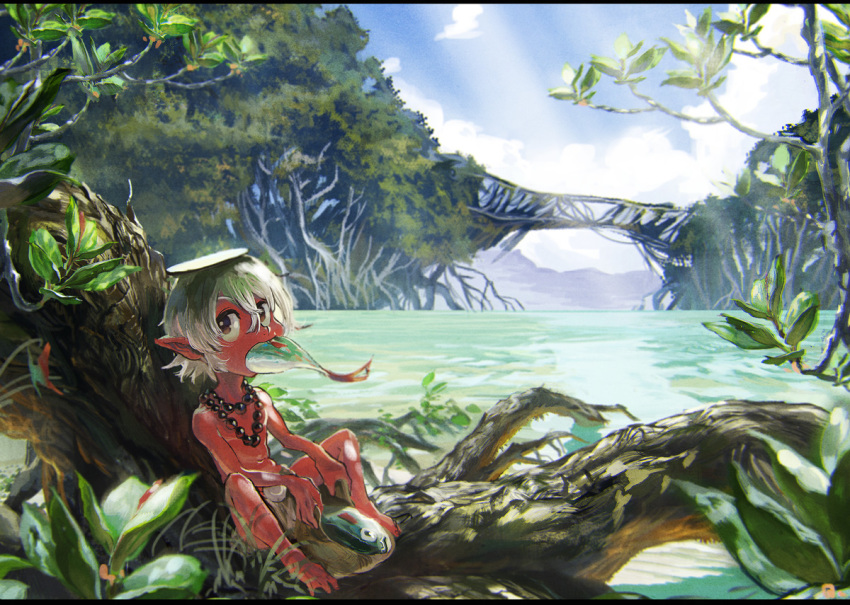 bare_arms bare_legs bare_shoulders barefoot bayashiko blue_sky brown_eyes cloud commentary_request eating fish grey_hair hair_between_eyes horizon jewelry kappa looking_at_viewer male_focus mangrove nature necklace ocean original ponytail river scenery signature sitting sky solo tree