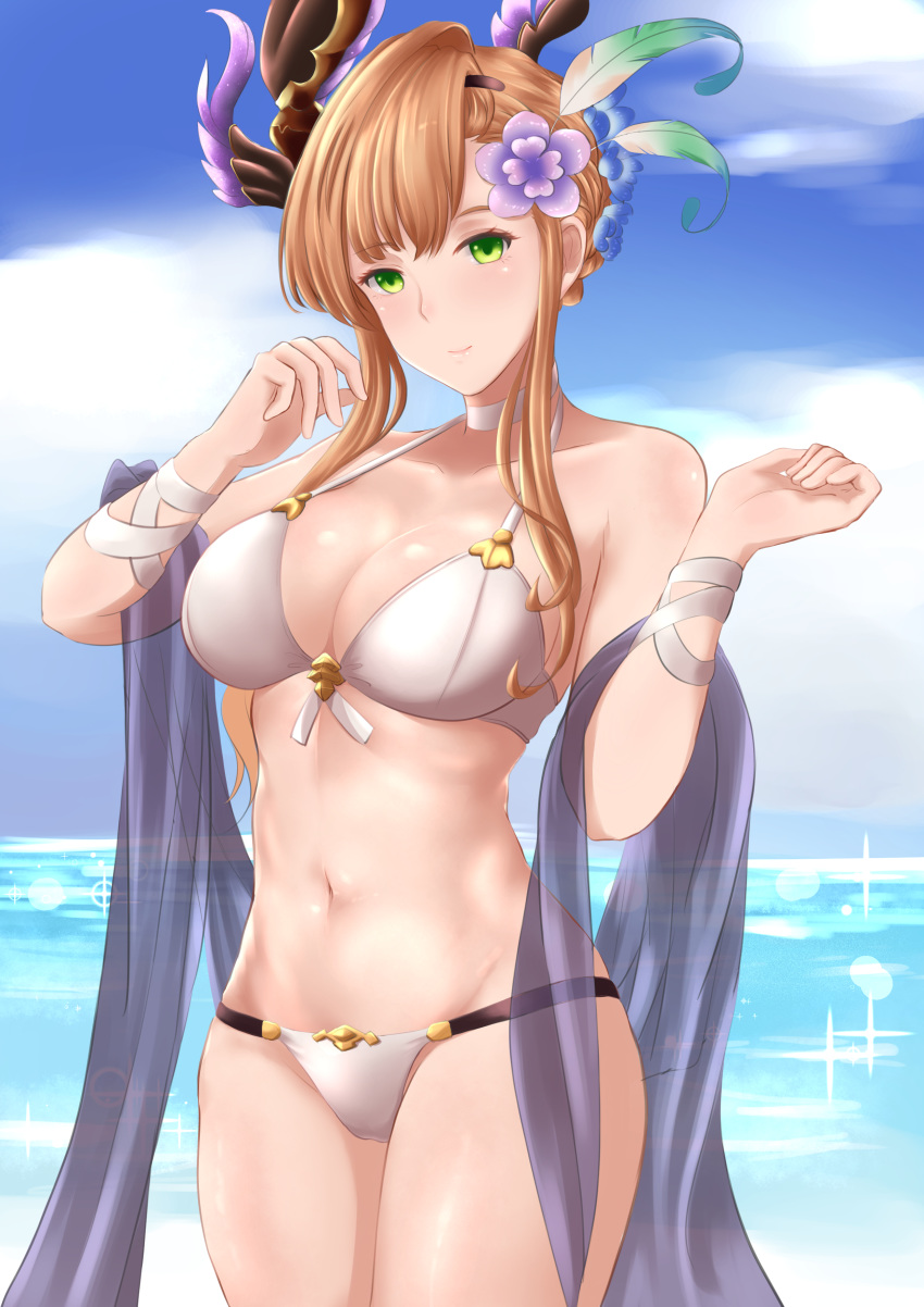 absurdres bangs bare_shoulders bikini blue_sky blush braid breasts choker cleavage collarbone commentary day feathers flower french_braid granblue_fantasy green_eyes hair_feathers hair_flower hair_ornament hairband head_wings highres hips large_breasts long_hair looking_at_viewer navel ocean orange_hair sam_(metalibon) sash sidelocks sky smile solo song_(granblue_fantasy) swimsuit thighs white_bikini wrist_straps