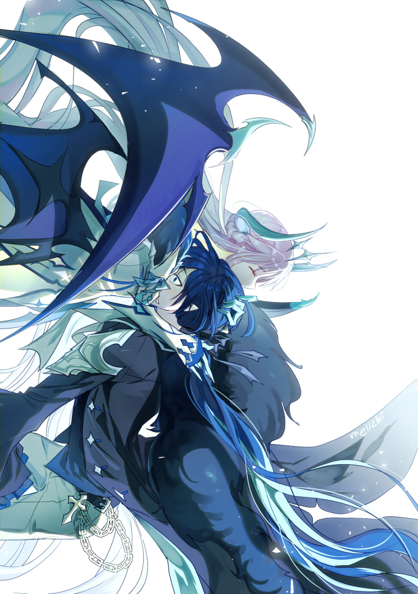 1girl bad_id bad_pixiv_id blue_eyes blue_hair blush chain chevalier_(elsword) ciel_(elsword) cloak demon_girl demon_horns demon_wings elsword eyebrows_visible_through_hair highres horns hug ishtar_(elsword) long_hair luciela_r._sourcream mellchi pointy_ears shoulder_guard star star-shaped_pupils symbol-shaped_pupils very_long_hair white_hair wings