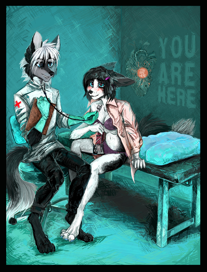 blush bra canine chelsea_chamberlain clothed clothing crush doctor dog examination female invalid_tag jeffusherb karelian_bear male male/female mammal meme nightdancer_(character) open_shirt panties paws stethoscope underwear usb_necklace wolf