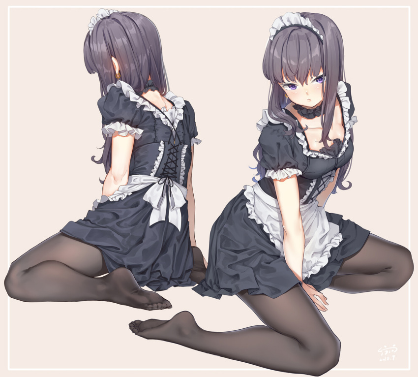 apron arm_at_side bangs between_legs black_dress black_hair black_legwear blush breasts cleavage closed_mouth collarbone commentary corset cross-laced_clothes dress earrings fangxiang_cuoluan feet frilled_apron frilled_sleeves frills from_behind full_body grey_background hand_between_legs hidden_face highres jewelry legs long_hair looking_at_viewer maid maid_apron maid_headdress medium_breasts multiple_views neck_garter no_shoes original pantyhose puffy_short_sleeves puffy_sleeves purple_eyes ribbon shiny shiny_hair short_sleeves simple_background sitting soles toes waist_apron white_apron white_ribbon